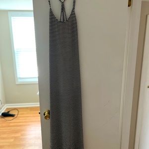 Floor length black and white striped maxi dress